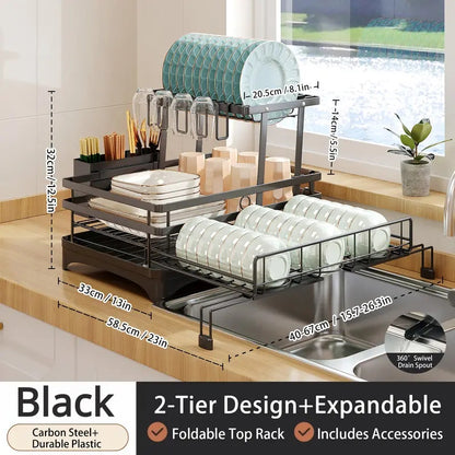 Space-Saving Foldable Over Sink Dish Drying Rack – 2-Tier Pull-Out Kitchen Organizer with Utensil Holder, Cup Holder & Hooks