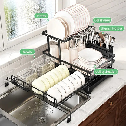 Space-Saving Foldable Over Sink Dish Drying Rack – 2-Tier Pull-Out Kitchen Organizer with Utensil Holder, Cup Holder & Hooks