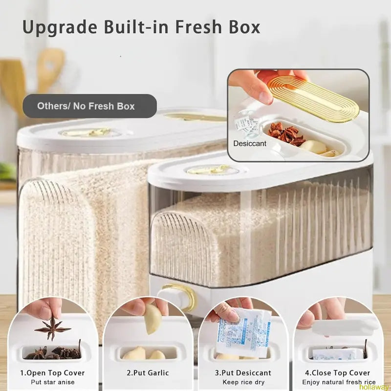Rice container with measuring cup and timer scale, suitable for kitchen storage