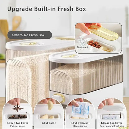 Rice container with measuring cup and timer scale, suitable for kitchen storage