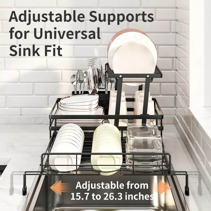 Space-Saving Foldable Over Sink Dish Drying Rack – 2-Tier Pull-Out Kitchen Organizer with Utensil Holder, Cup Holder & Hooks