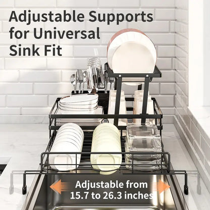 Space-Saving Foldable Over Sink Dish Drying Rack – 2-Tier Pull-Out Kitchen Organizer with Utensil Holder, Cup Holder & Hooks