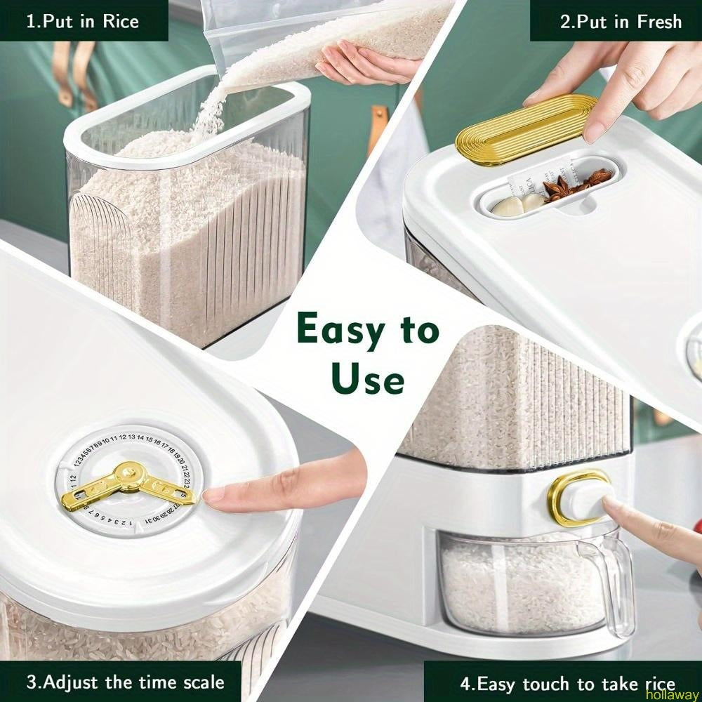 Rice container with measuring cup and timer scale, suitable for kitchen storage