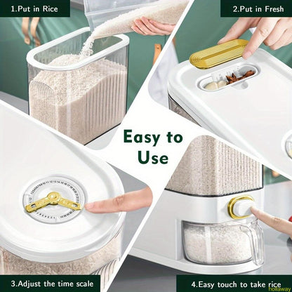 Rice container with measuring cup and timer scale, suitable for kitchen storage
