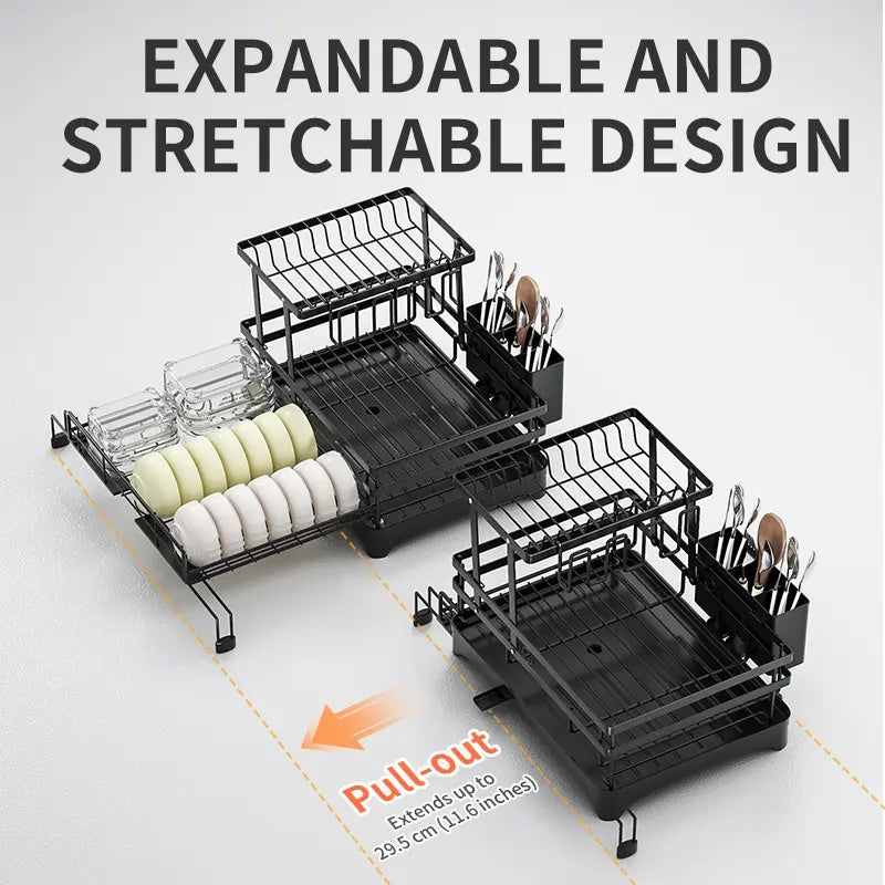 Space-Saving Foldable Over Sink Dish Drying Rack – 2-Tier Pull-Out Kitchen Organizer with Utensil Holder, Cup Holder & Hooks