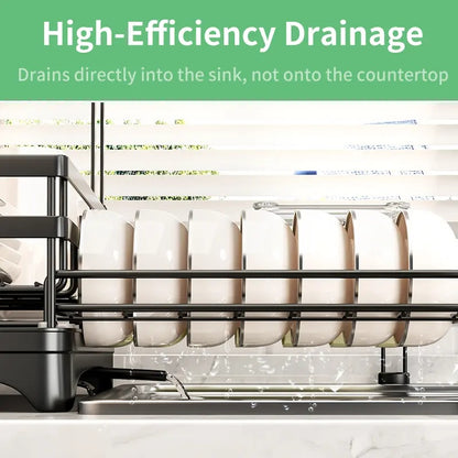 Space-Saving Foldable Over Sink Dish Drying Rack – 2-Tier Pull-Out Kitchen Organizer with Utensil Holder, Cup Holder & Hooks