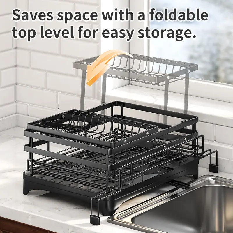 Space-Saving Foldable Over Sink Dish Drying Rack – 2-Tier Pull-Out Kitchen Organizer with Utensil Holder, Cup Holder & Hooks