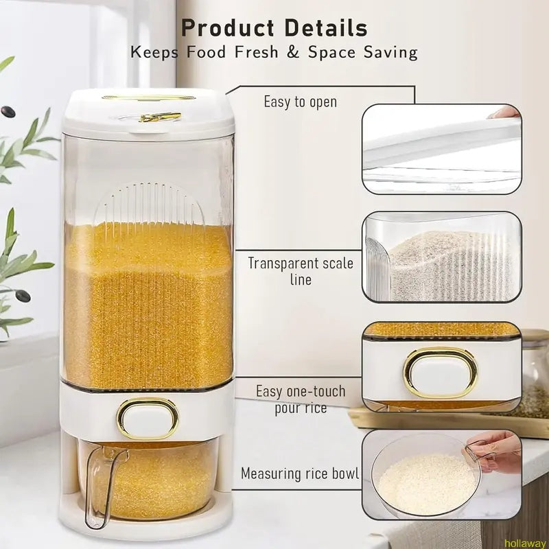Rice container with measuring cup and timer scale, suitable for kitchen storage