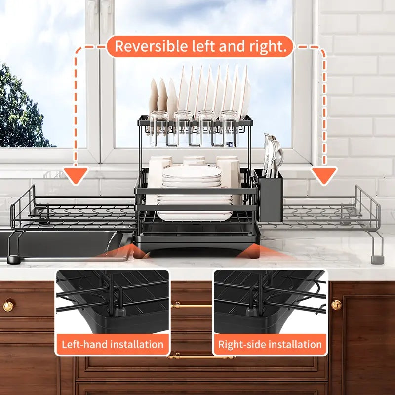 Space-Saving Foldable Over Sink Dish Drying Rack – 2-Tier Pull-Out Kitchen Organizer with Utensil Holder, Cup Holder & Hooks