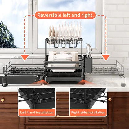 Space-Saving Foldable Over Sink Dish Drying Rack – 2-Tier Pull-Out Kitchen Organizer with Utensil Holder, Cup Holder & Hooks