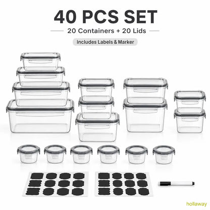 [Limited Time Sale] 40-Piece Plastic Airtight Food Storage Containers Set (20 Containers + 20 Lids) Leakproof, Reusable, Microwave & Dishwasher Safe